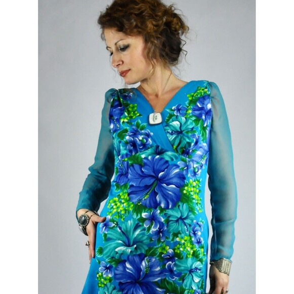 HAWAIIAN Maxi Dress Plunging LOW V Back & Long Sheer Sleeves Psychedelic Floral - Picture 2 of 5